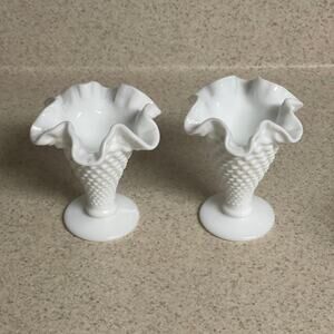Vintage Fenton White Milk Glass Hobnail Vases with Truffled edges set of 2